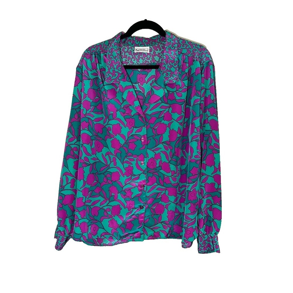 Colorful Floral Silky Top 14 Secretary Retro Mod Resort Preppy‎ Classic Chic 80s